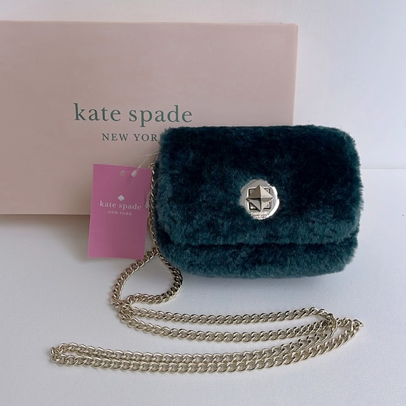Kate Spade Audrey Micro Crossbody Bag Peacock Green Faux Shearling Gold NEW - Picture 1 of 12